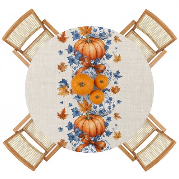 Thanksgiving Round Fitted Tablecloth Porcelain Blue Flower Pumpkins Orange Linen Texture Elastic Table Cloth Waterproof Oil Proof Table Cover Fits Fits 36"-44" Tables Round Tables for Party Picnic