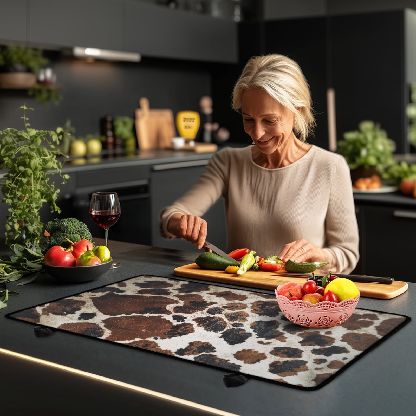 Renewold Glass Top Stove Cover Electric Stove Mat Foldable Non-slip Cooktop Mat Multipurpose Washer Dryer Top Protector Range Cover for Kitchen Counter, Brown Black Cow Print