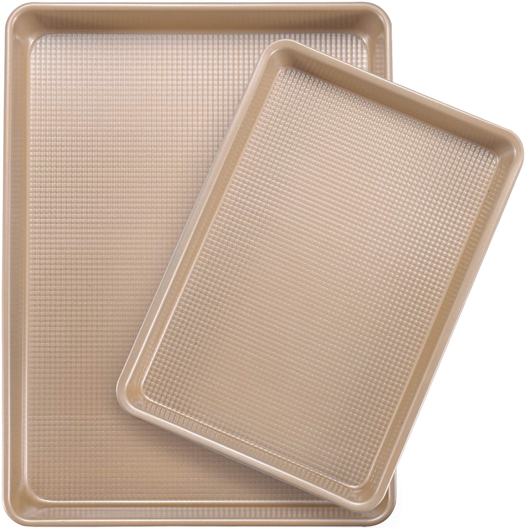 Nonstick Baking Sheet Pan Set 2 Pack Heavy Duty 0.8mm Quarter and Jelly Roll Sizes with Diamond Texture Oven Safe Gold Finish