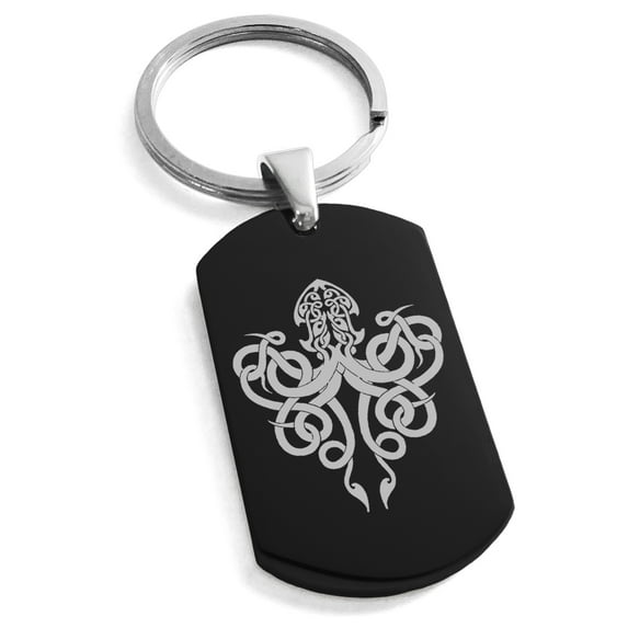 Stainless Steel Tribal Kraken Engraved Dog Tag Keychain Keyring