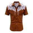 thumbnail image 4 of Western Embroidered Print Button Up Shirts for Men Short Sleeve Western Theme Breathable Blend Tee Alternative Brown M, 4 of 4