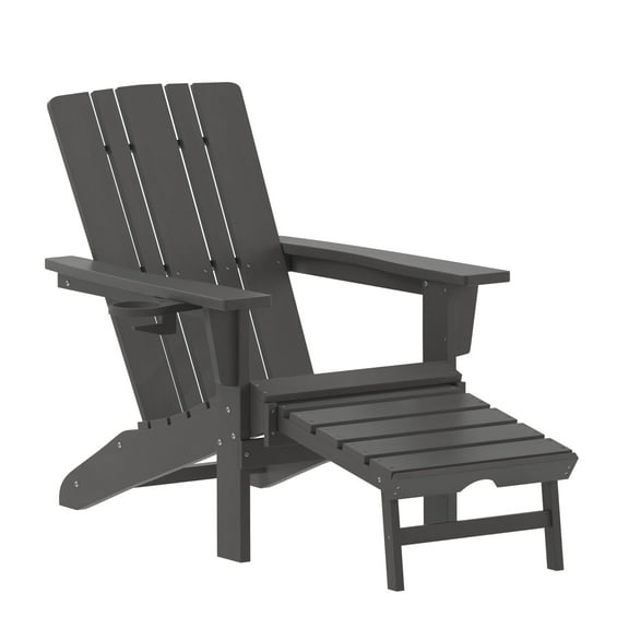 Flash Furniture Halifax HDPE Adirondack Chair with Cup Holder and Pull Out Ottoman, All-Weather HDPE Indoor/Outdoor Lounge Chair in Gray