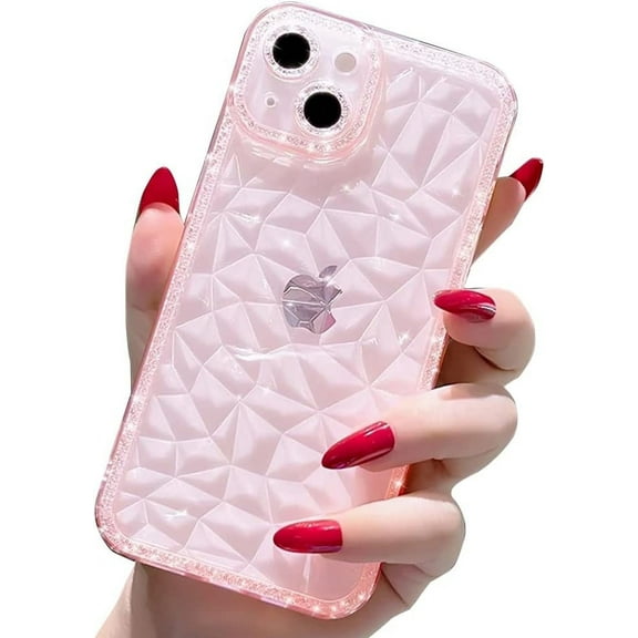 Compatible with iPhone Case,Glitter Sparkle Bling Crystal Clear Diamond Pattern Camera Lens Bumper Protection Transparent Soft Shockproof Cover Phone Case (Pink,iPhone 13 Pro)