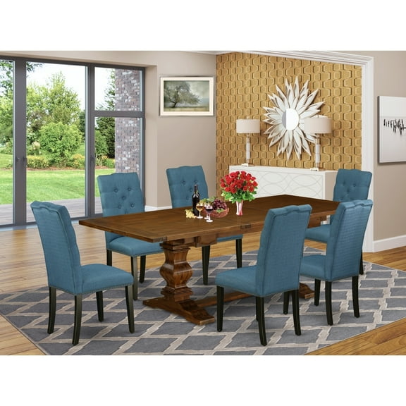 7-Piece Dinette Set - Linen Fabric Chairs, Antique Walnut Table - Dining Room Set for 6