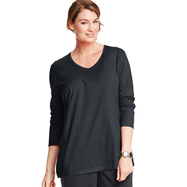 Just My Size Tee-Shirt à Manches Longues Col en V pour Femmes, 3X, Ébène