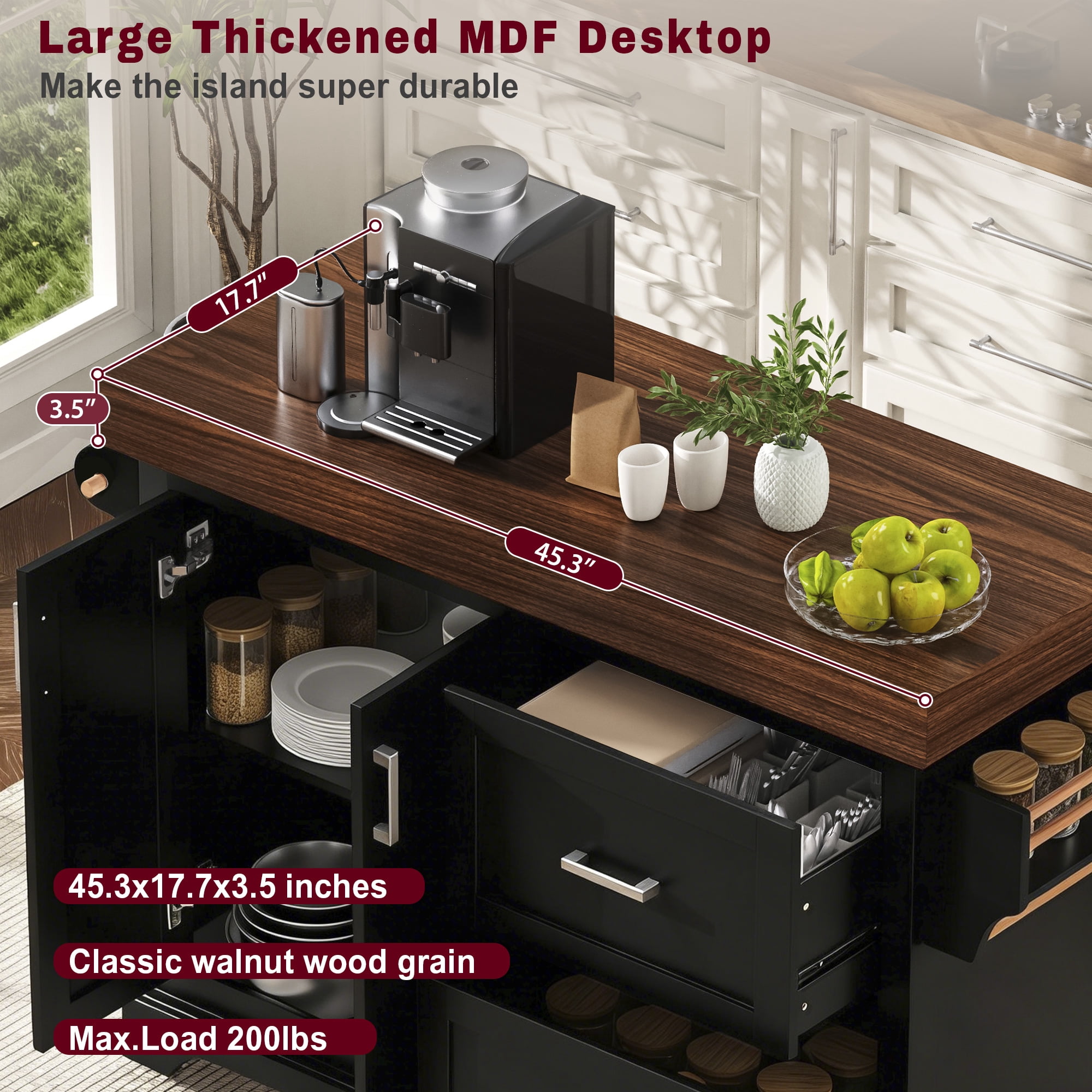Aukfa 53" Kitchen Island with 3.5" Thick Desktop, Rolling Kitchen Cart with 2 XL Drawers & Spice Rack,Black