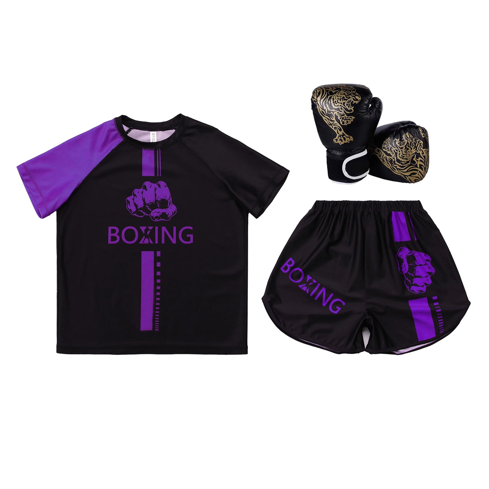 Hansber Kids Boxing Outfit Kick Boxing Uniform Athletic T-Shirt Top with Muay Thai Shorts Trunks Boxing Gloves Set Purple&Black 6