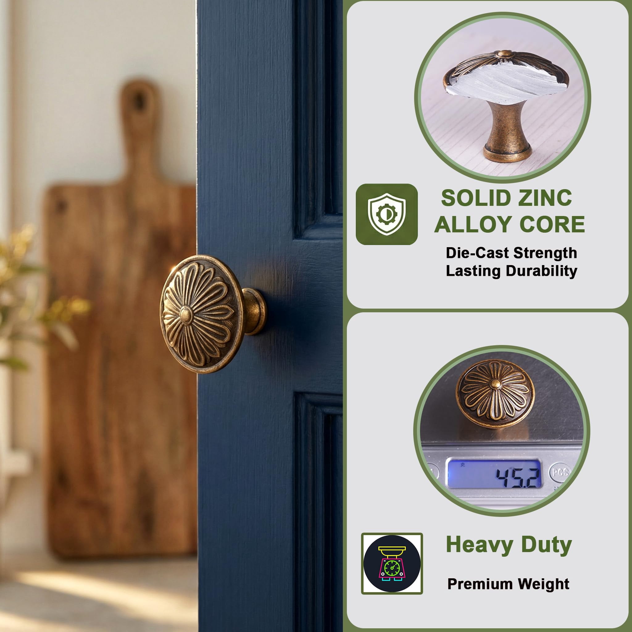 Antique Brass Cabinet Knobs Handles 10 Pack,Solid Zinc Alloy 1.4"Dia Round,Vintage Brass Kitchen Cabinet Handles for Cabinets and Drawers,Drawer Knobs Pulls Vintage Dresser Knobs Closet Door Knobs