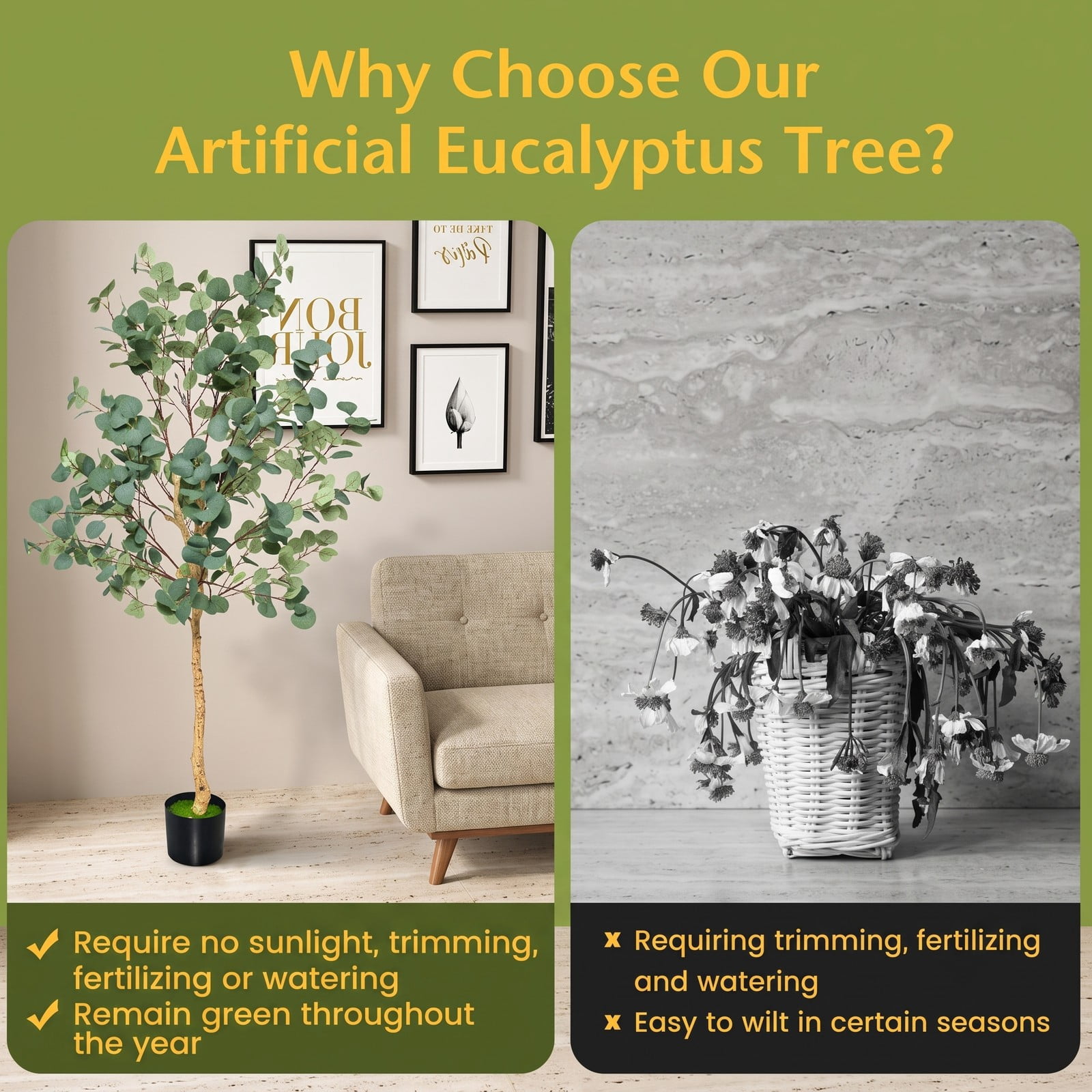 ALPULON 5.5 FT Artificial Eucalyptus Tree Set of 2, Faux Silver Dollar Tree with 517 Leaves and Cement Pot, Tall Fake Plant for Indoor Home Office Living Room, Green