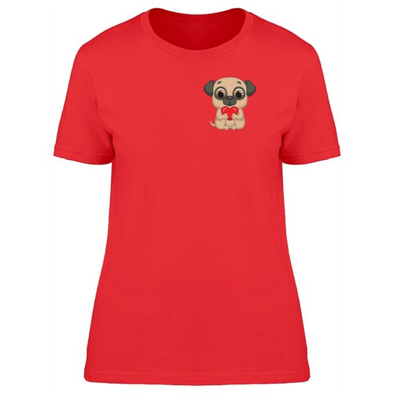 Tiny Pug Holding Tiny Heart T-Shirt Women -Image by Shutterstock, Female Medium