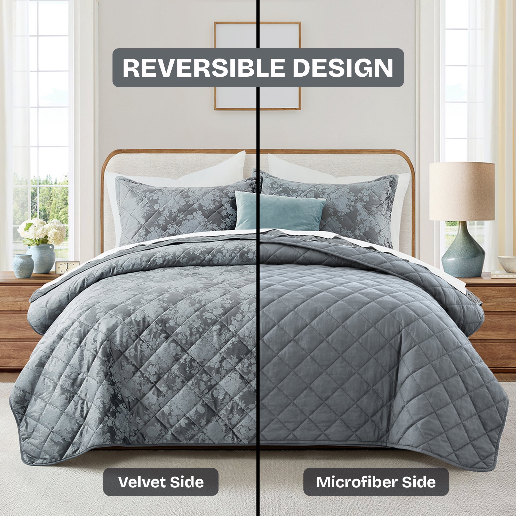 Ameha Luxury Velvet Quilt Floral Diamond Pattern 3-Piece Set Ultrasonic Embossed Bedding Set Ultra Soft Reversible Bedspread Queen Size Grey