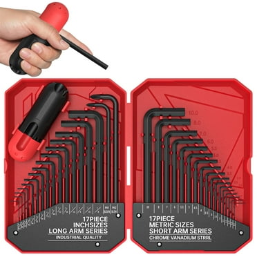 35PCS Hex Key Set with Torque Handle, Allen Wrench Sets , SAE and Metric Assortment, L Shape, Chrome Vanadium Steel, Precise Chamfered Tips, 0.028-3/8" 0.7-10 mm In Storage Case,Red