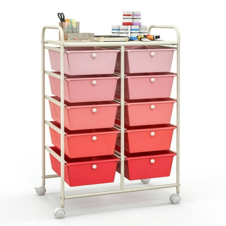 Canddidliike 10-Drawer Rolling Storage Cart Craft Organizers and Storage Multipurpose Organizer Cart for Home Office School Pink
