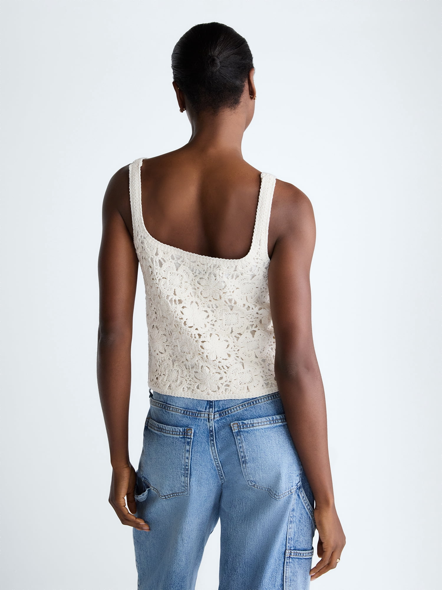 Scoop Women's Square Neck Crochet Cotton Tank Top, Sizes XS-XXL