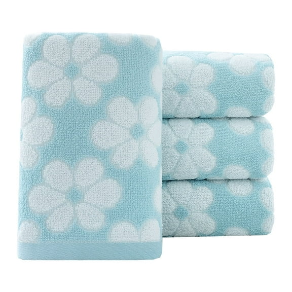 100% Cotton Floral Pattern Hand Towels for Bathroom Set of 4 (Blue)