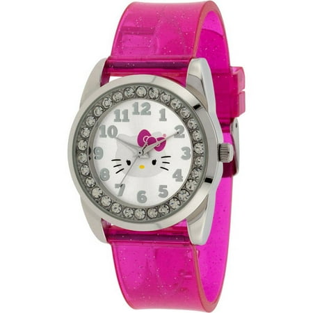 Hello Kitty Girl's Watch, Pink Simulated Leather Glitter Strap