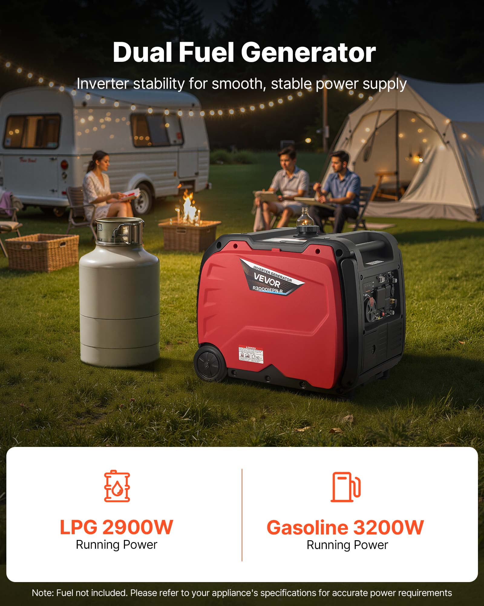 VEVOR Inverter Generator, 4200W Peak Watt Quiet Inverter Generator, Dual Fuel Inverters Generators for Home Outdoor, Gas & LPG Powered, Stable Power, CO Sensor, RV Ready 8.3A Outlet, Long Run Time