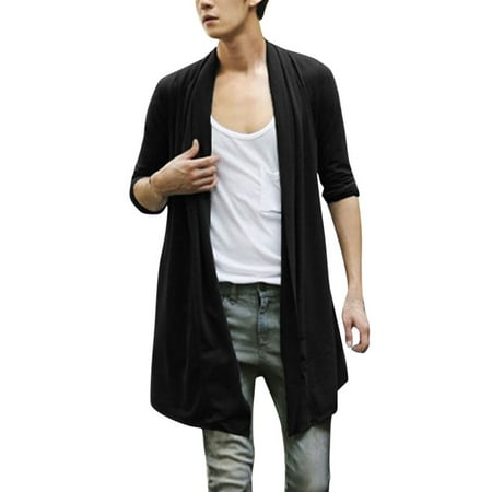 Men Open Front Casual Side Pockets Asymmetric Hem Long Cardigan Black S Men Open Front Casual Side Pockets Asymmetric Hem Long Cardigan Black S