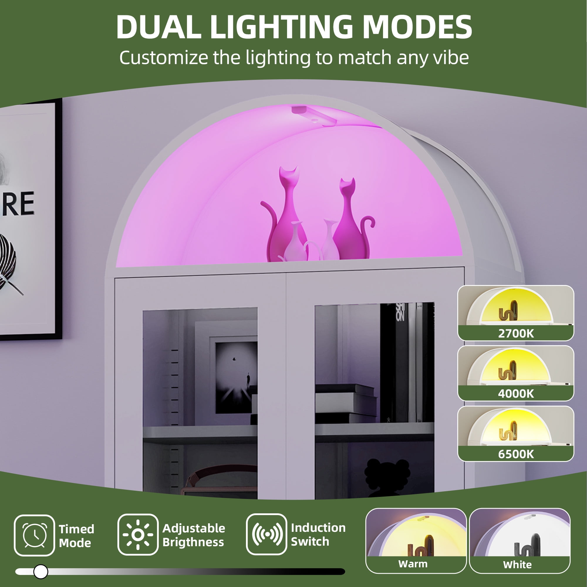 Uforic Metal Display Cabinet with LED Lights & Glass Doors, Arched Storage Cabinet, White