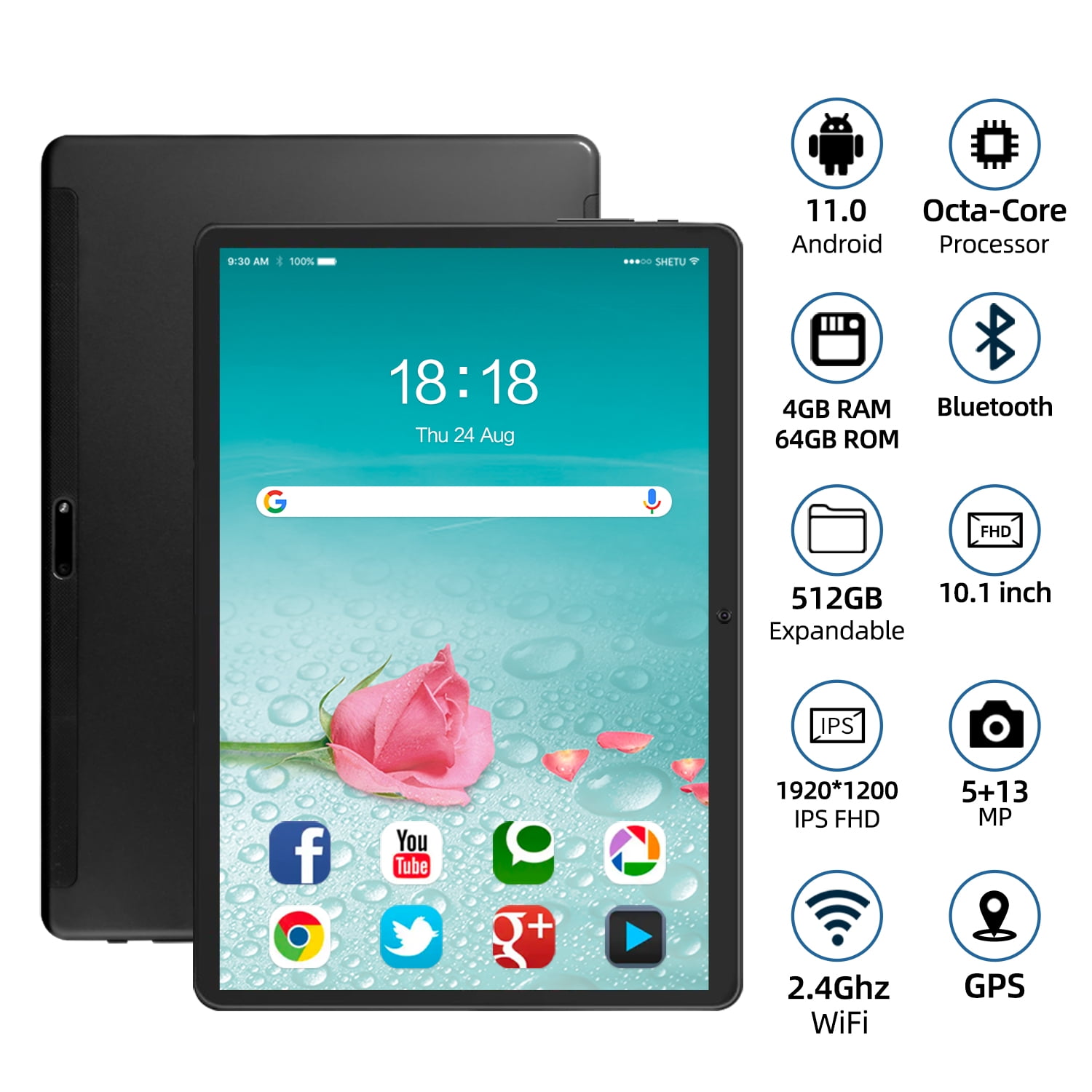 10.1 inch Tablet Android 11 Tablets PC 64GB Storage Octa-Core Processor, Dual 13MP + 5MP Camera, WiFi, Bluetooth, GPS, 512GB Expand Support, IPS Full HD Display - Black