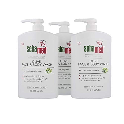 Sebamed Olive Face and Body Wash With Pump for Sensitive and Delicate Skin pH 5.5 Ultra Mild Hydrating Dermatologist Recommended Cleanser 33.8 Fluid Ounces (1 Liter) Pack of 3