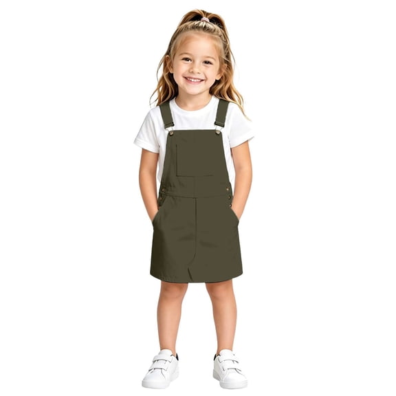 Curuila Toddler Child Girls Suspenders Dress With Pocket Solid Color Square Neck Sleeveless Summer Comfort Casual Dresses Army Green Size 4-5 Years