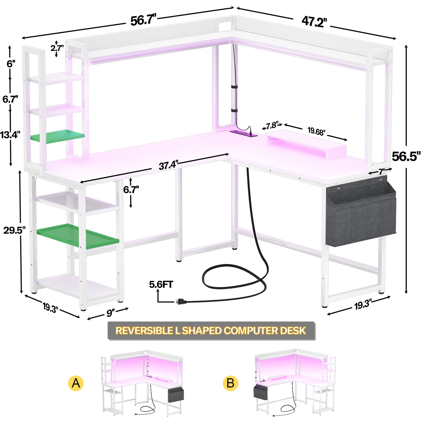 Homieasy L Shaped Desk with Power Outlet and LED lights, Ergonomic L-Shaped Gaming Desk with Monitor Stand, Reversible Corner Computer Desk with Hutch and Storage Shelf for Home Office, White