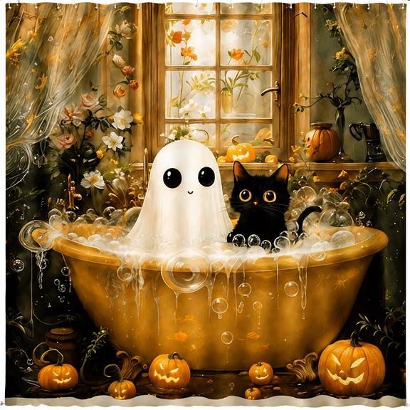 Halloween Ghost Black Cat Shower Curtain, Cute Spooky Ghost Cat in Bathtub with Jack O Lantern Pumpkins, Funny Gothic Fall Waterproof Fabric Bathroom Curtain with Hooks, 70x70 Inches