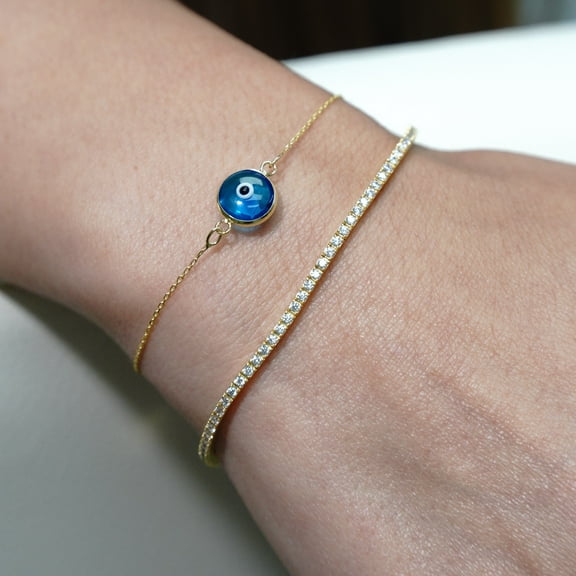 Light Blue Evil Eye Bracelet in 14 Karat Solid Gold | Round Evil Eye | Gold Bracelet for Protection | Evil Eye Bracelet gift for her