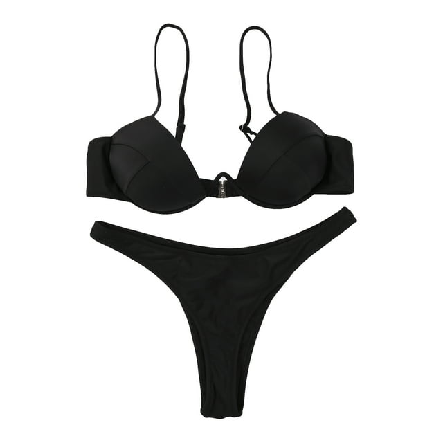 ITFABS Women Solid Color Adjustable Spaghetti Strap Underwire Bra + Thong