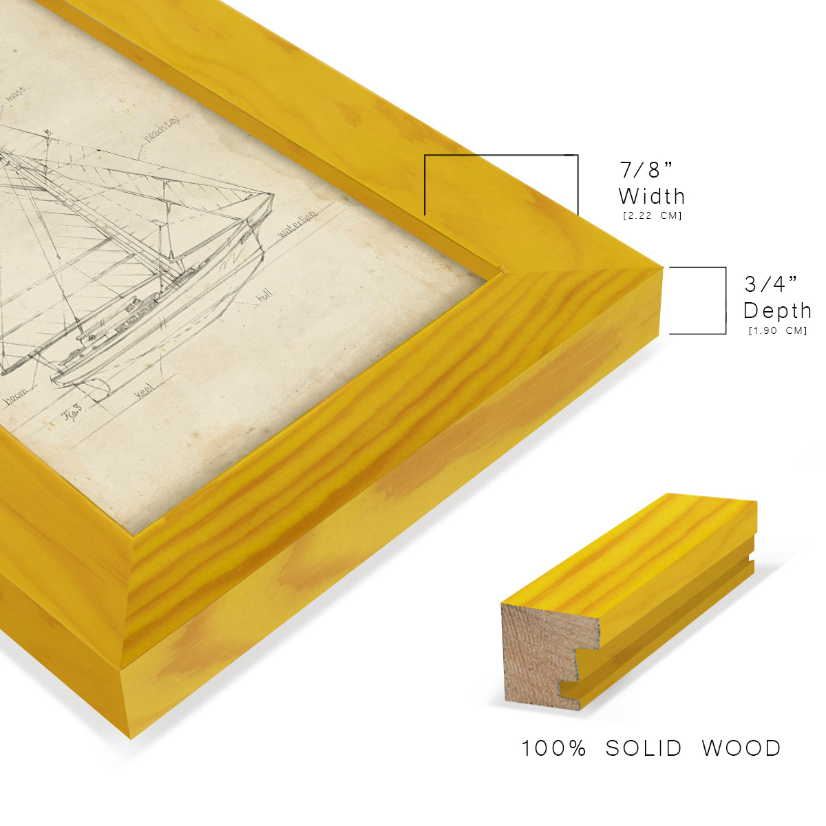 Sailboat Blueprint III -Framed Print w/glass-Sunflower Yellow