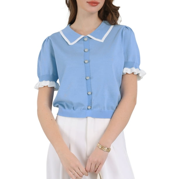 INSPIRAR CHIC Blusa Vintage de Punto con Cuello de Solapa y Mangas Abullonadas para Mujeres XL Azul
