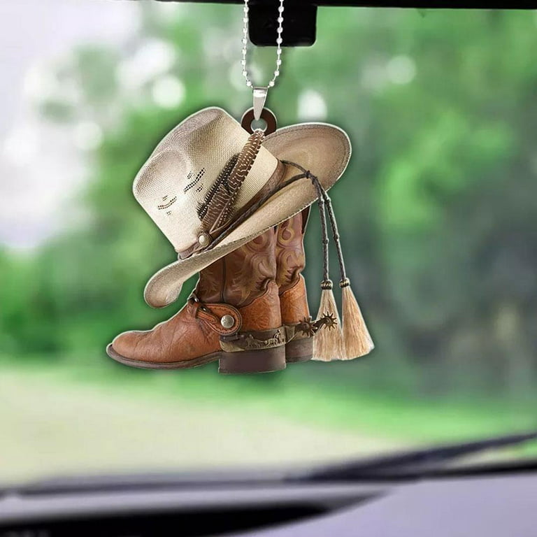 Western Cowboy Cowgirl Personalized Name Car Rear View Mirror Accessories  Car Ornament Hanging Charm Interior Rearview Pendant Decor (4 IN)