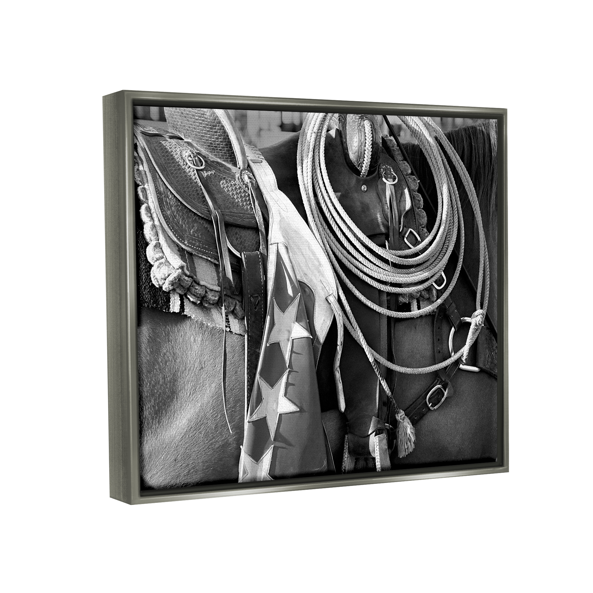 Stupell Industries Equestrian Saddle Photography Animals & Insects Photography Gray Floater Framed Canvas Art Print Wall Art, 31 x 25