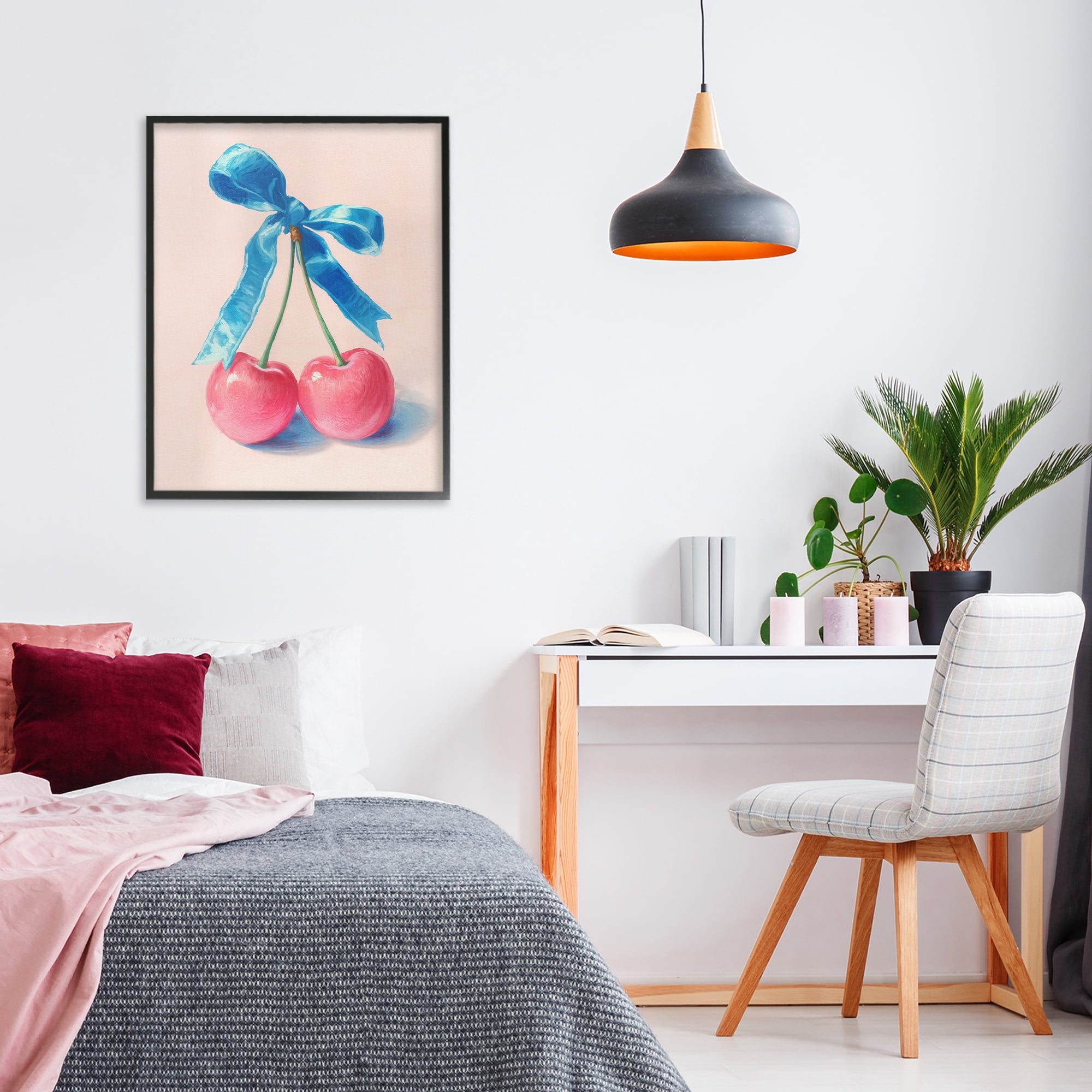 Stupell Industries Twin Cherries with Blue Ribbon Black Framed Giclee Art, design by Imagine It Images