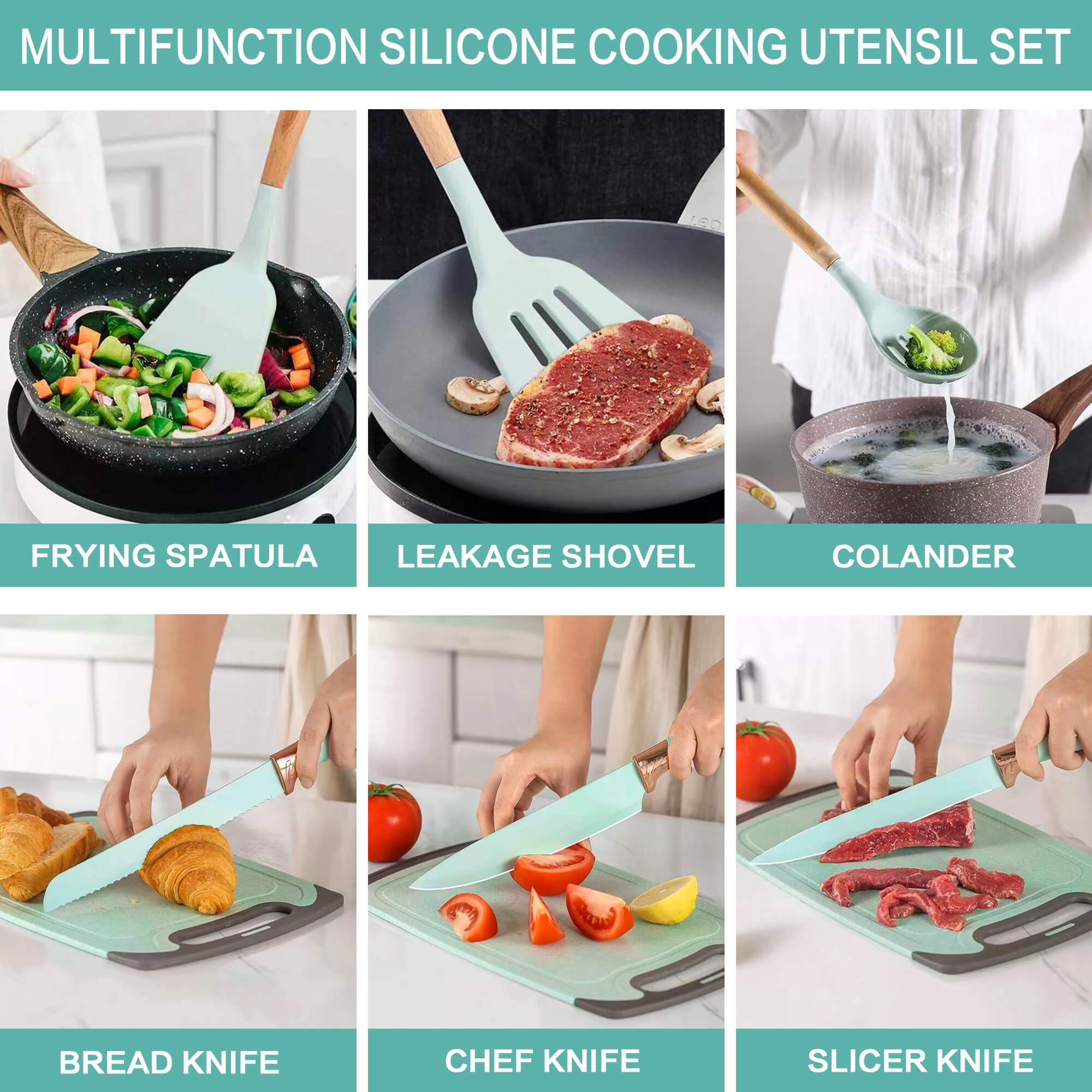 HEESEM 20 Pcs Silicone Stainless Steel Cooking Utensils Set -Multifunctional Kitchen Utensil Set - Green