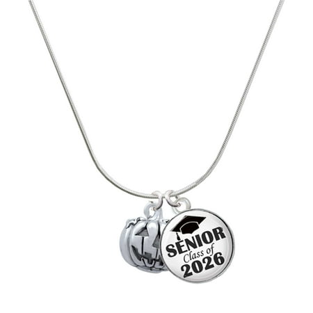Delight Jewelry Silver-tone 3-D Large Jack O Lantern with Leaves – Silvertone Senior Class of 2026 Dome Necklace 18