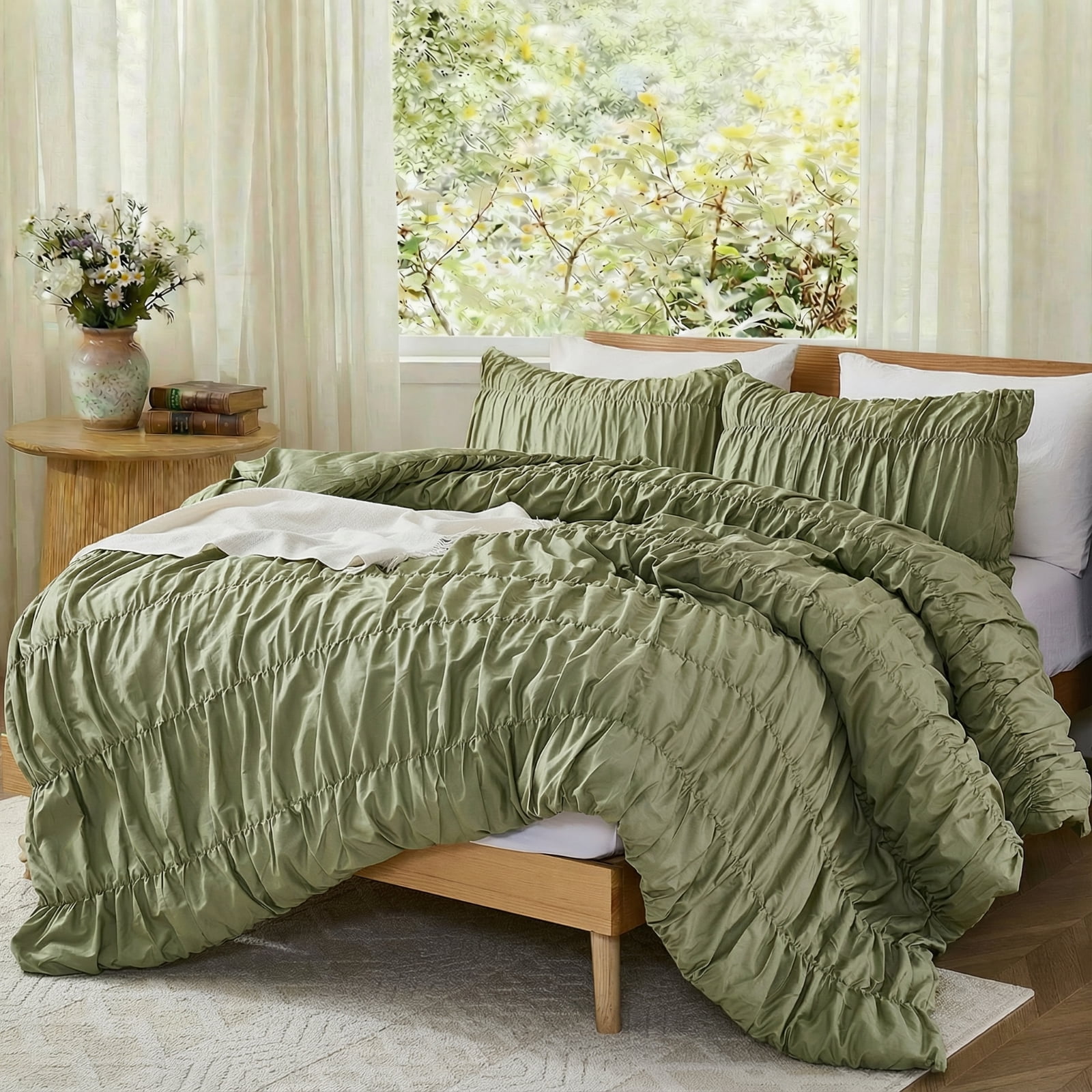 100% Cotton Green Wrinkle Duvet Cover Set Queen,Ruched Bedding Comforter Cover,Shabby Chic Ruffled 3 Pcs Queen Duvet Cover Set,Bohemian Boho Bedding Set with 1 Duvet  Cover 2 Pillowcases