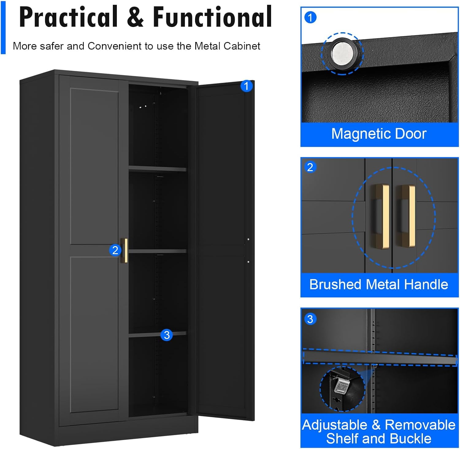 Polup 60'' Tall Metal Pantry Cabinet Cupboards with Doors Adjustable Shelves Black Cabinet Office