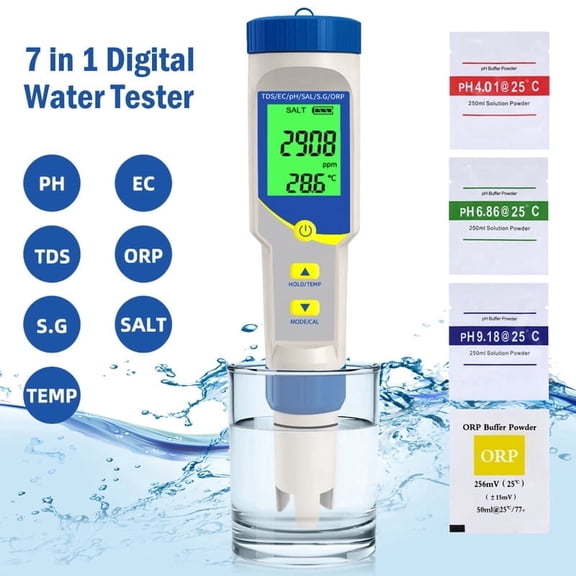 7 in 1 Digital pH Meter for ORP pH EC TDS TEMP S.G Salinity Water Tester, Pool Salt Tester for Hydroponics, Saltwater Pool, Hot Tubs, Aquarium, Gardening