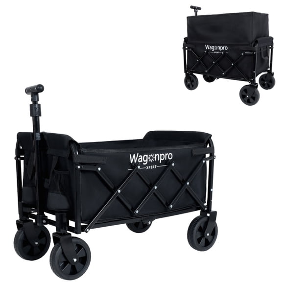LuckyNote Expandable Dual-Layer Utility Wagon, 225 lbs Capacity Folding Cart with 100% Extra Storage Space, 360° All-Terrain Wheels, for Camping Shopping Gardening, Black