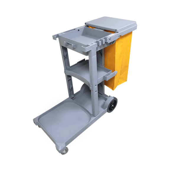 Janilink Janitorial Cart with Cover and PVC Bag, Commercial, Cleaning Cart on Wheels, 3-Shelf, Grey