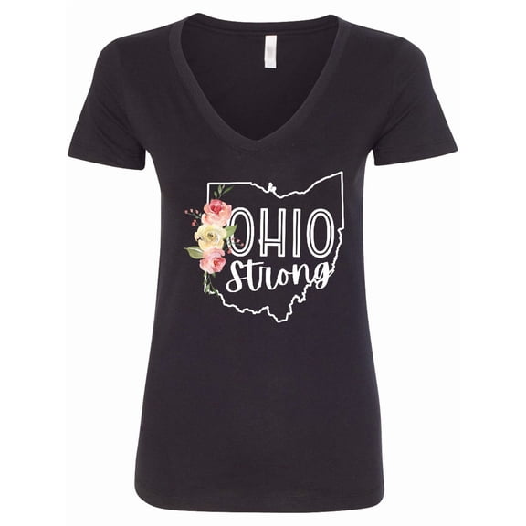 Inktastic Ohio Strong with State Silhouette and Pink Flowers Women's V-Neck T-Shirt