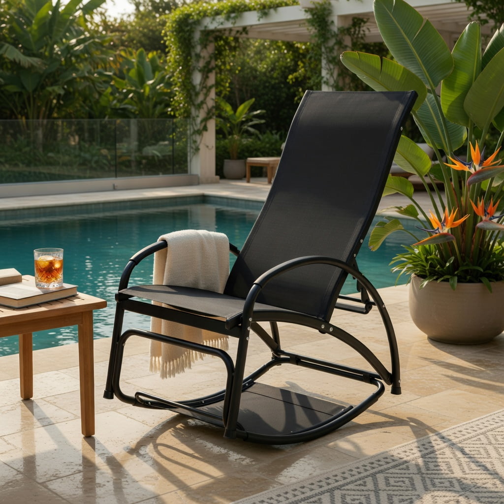 Hommoo 2-in-1 Aluminum Rocking Lounge Chair with 4-Position Adjustable Backrest, Weather-Resistant Patio, Poolside & Balcony Seating, Black