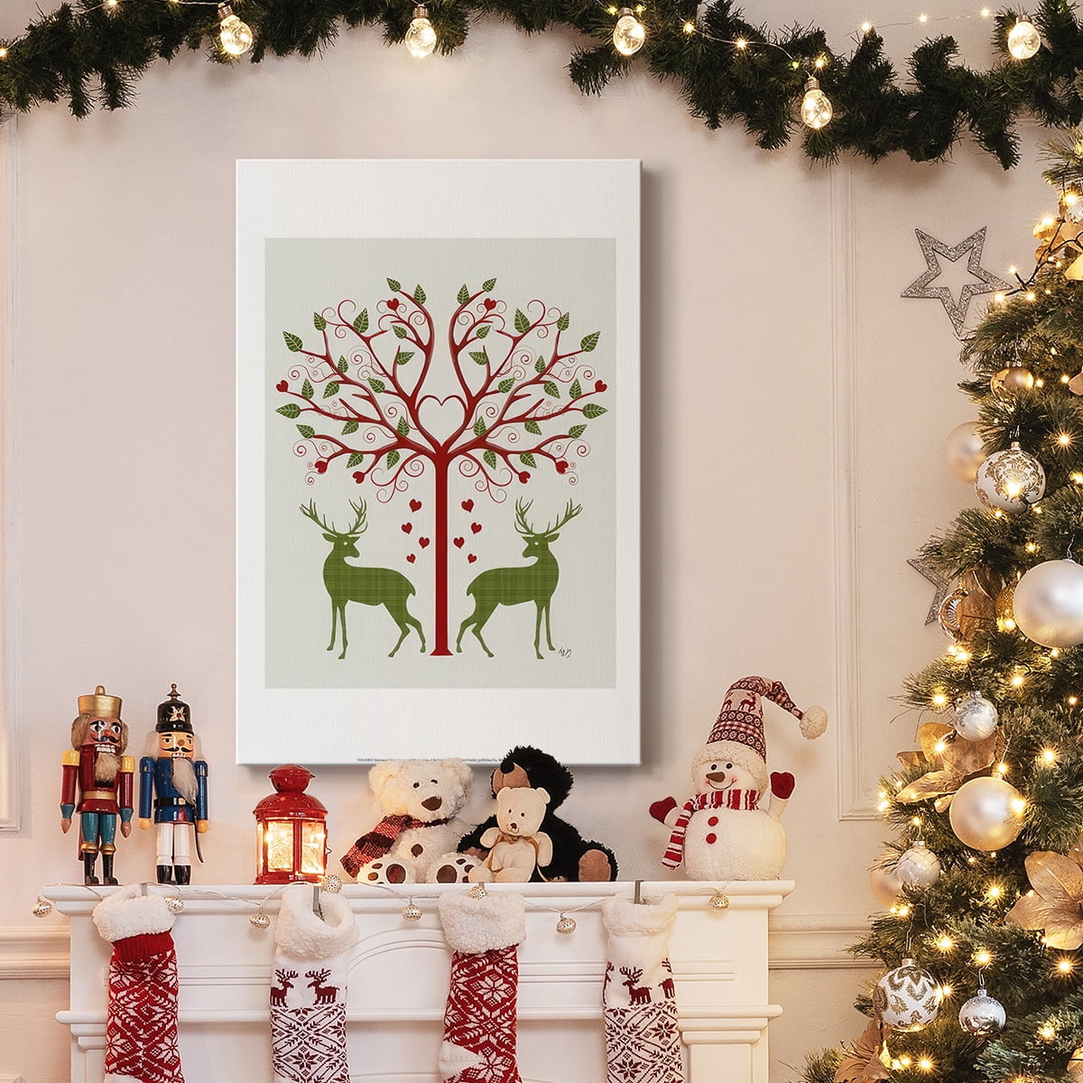 Christmas Des - Deer and Heart Tree, On Cream- Gallery Wrapped Canvas