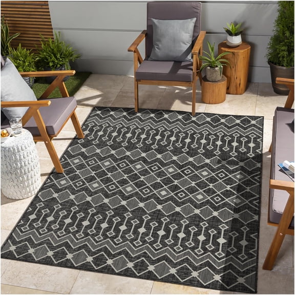 JERFIT 7x10 Indoor Outdoor Rug, Anthracite Flatweave Area Rug for Patio Deck Poolside, Water Resistant Polypropylene, Easy Clean Reversible Low Pile Carpet