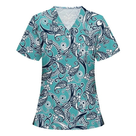 

UMfun Women Nurse Tops Short Sleeve V-neck Printed Casual Scrubs Tops Working Uniform Blouse