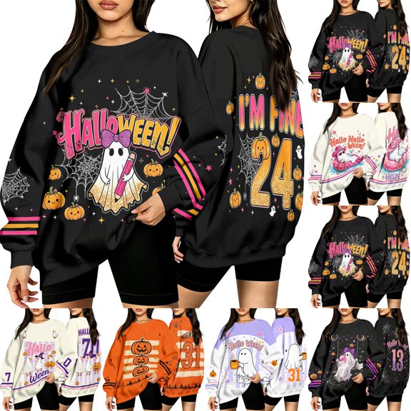 Halloween Sweatshirts for Women Halloween Shirt Oversized Halloween Sweaters for Women with Ghost Print Perfect for Spooky Season, Halloween Party Fall Outfits Gray M
