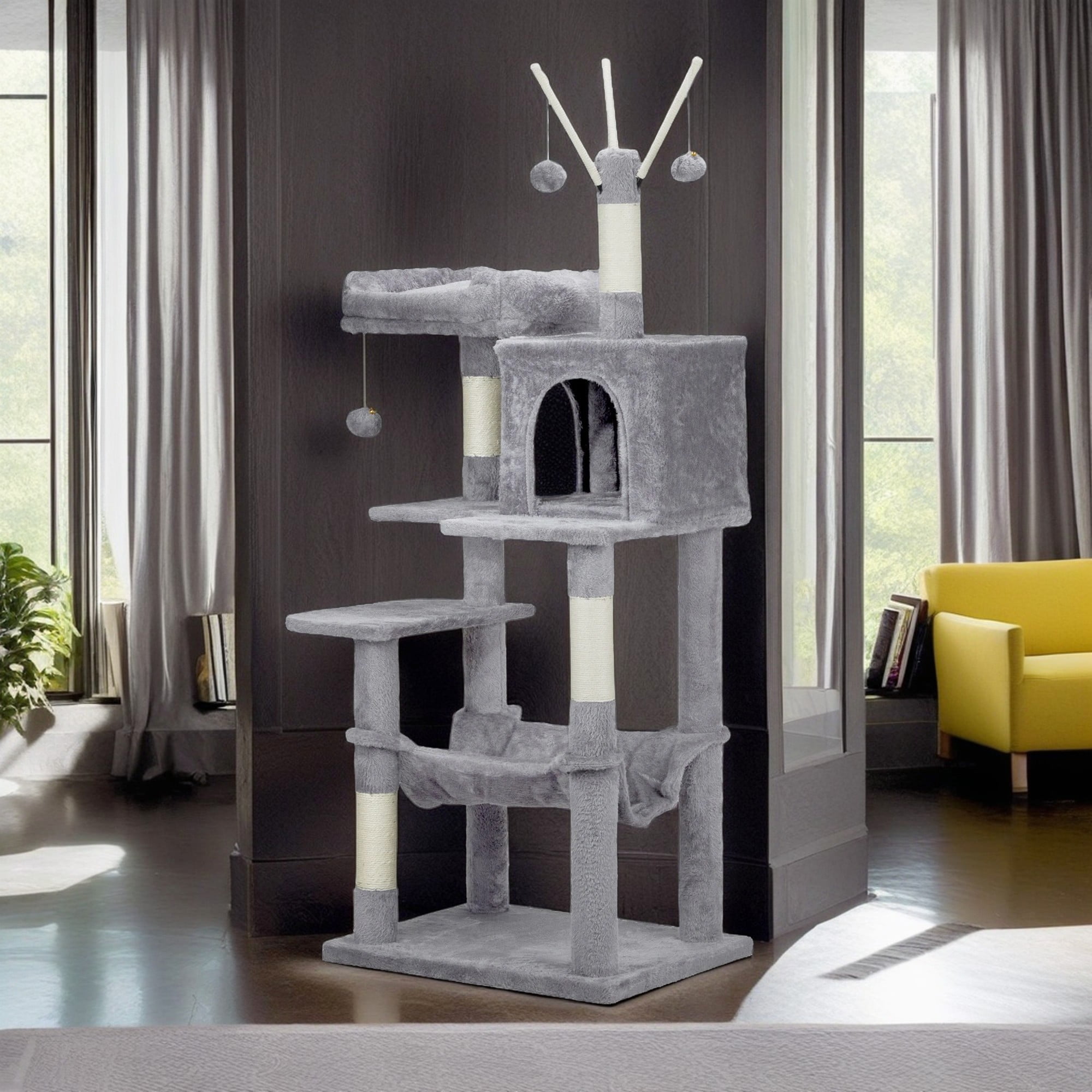 Kadyn 58" Cat Tree Tower for Indoor Cats, Cat House with Padded Platform Bed, Toy Balls, Large Cozy Condo, Hammocks and Sisal Scratching Posts, Light Gray