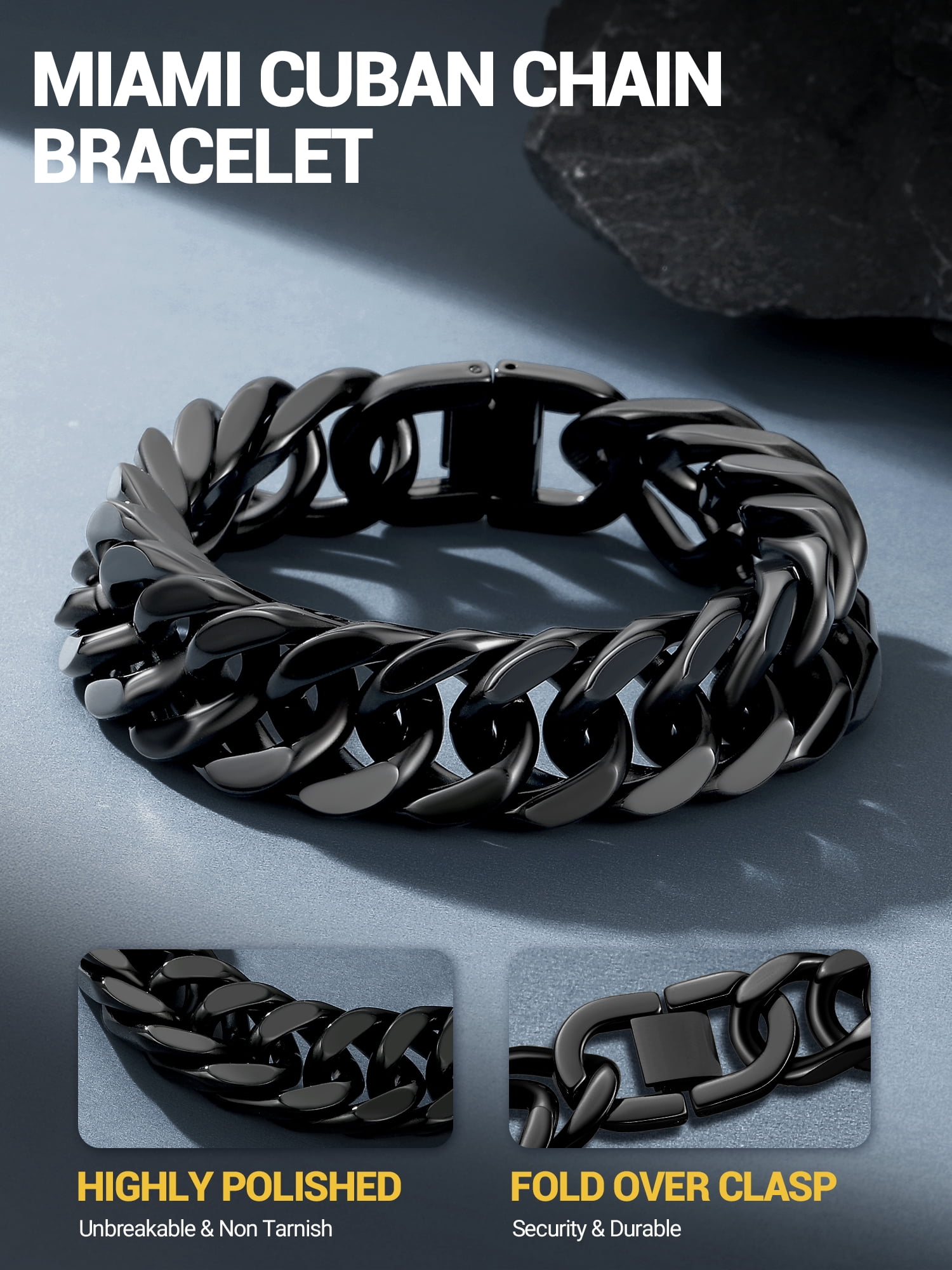 PROSTEEL Black Stainless Steel 17mm Cuban Chain Bracelets for Mens Chunky Franco Chain Bracelet 7.5 inch for Son Husband Jewelry Birthday Valentine Graduation Father Day Gifts